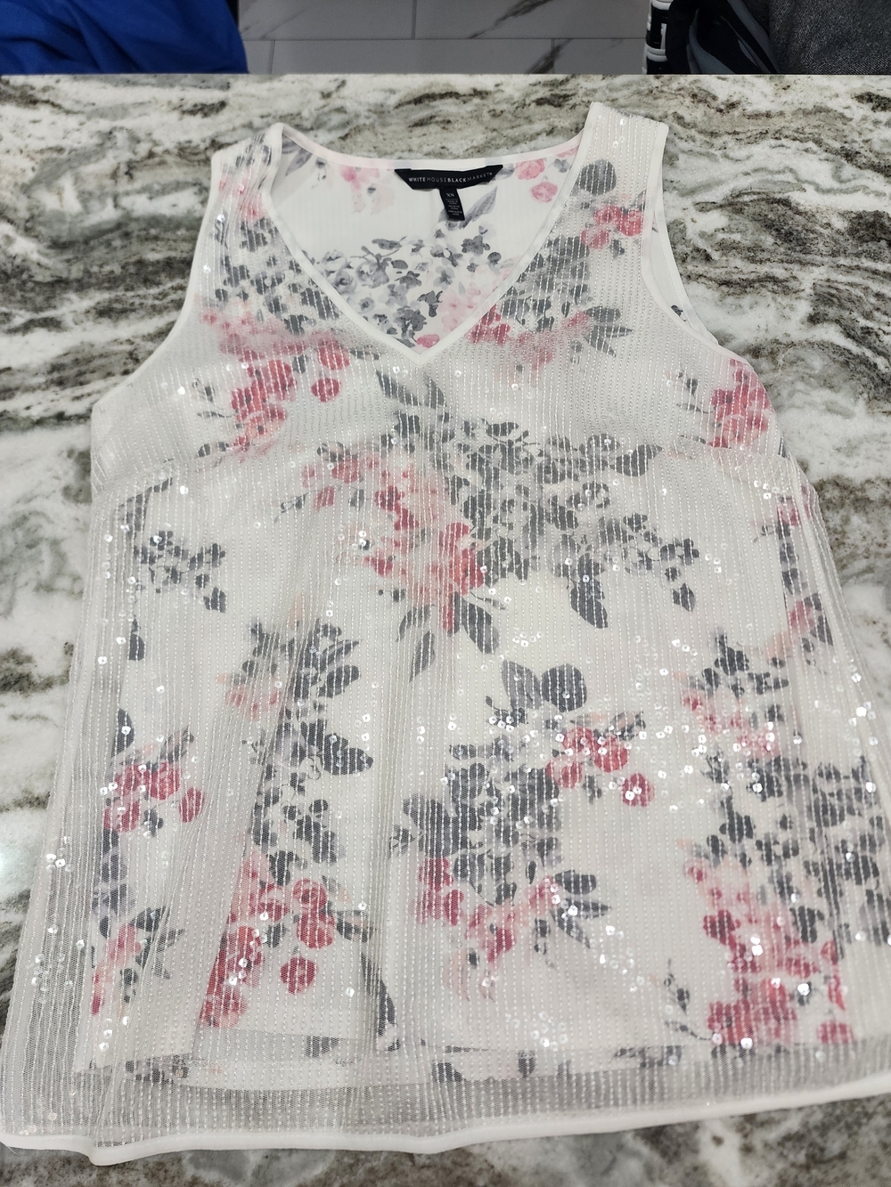 White Floral Sequin V-Neck Tank